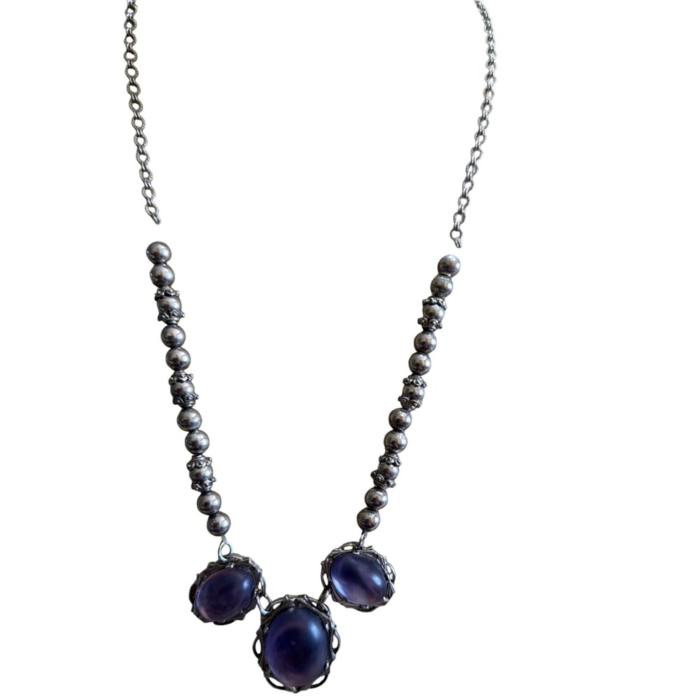 Vintage Style Purple Cabochon Statement Necklace Silver Tone Beaded Boho Goth